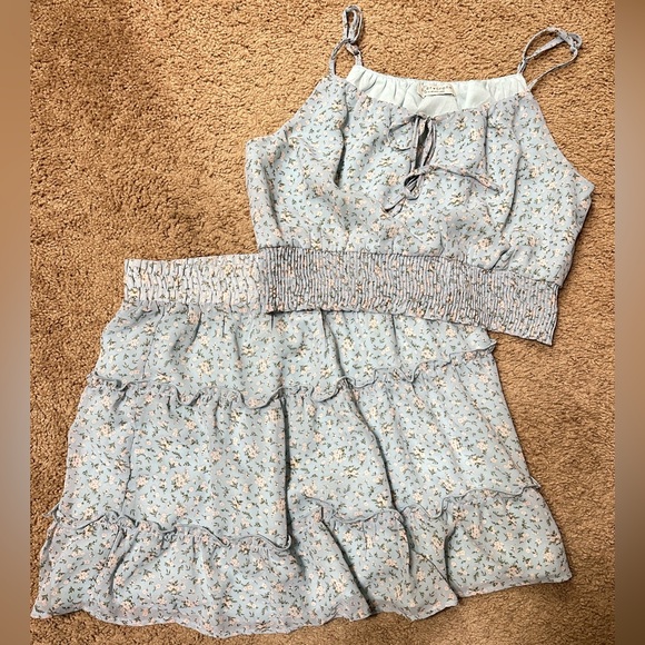 Paper Crane Dresses & Skirts - Floral Blue Sleeveless Top and Skirt Set